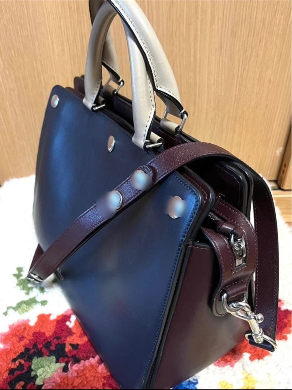 Mulberry Navy Leather Satchel with Brown Strap and Cream Handles - Picture 2 of 12